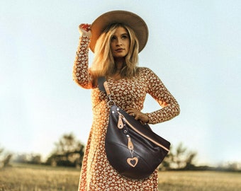 Two-Tone Leather Crossbody Purse: Black and Caramel Women's Sling Bag for Everyday & Travel