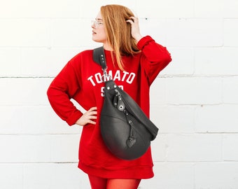 Soft Black Leather Fanny Pack: Oversized Sling Bag, Crossbody Purse