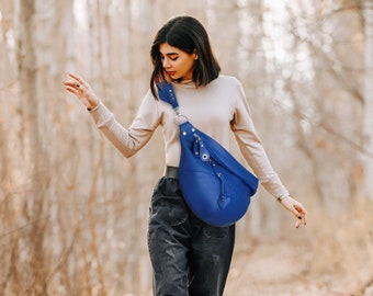 Soft leather fanny pack, blue Large leather sling bag, Size L women leather purse, Oversized bum bag