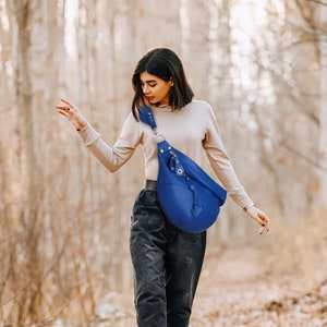 Soft leather fanny pack, blue Large leather sling bag, Size L women leather purse, Oversized bum bag