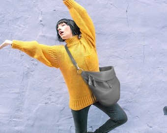 Soft leather fanny pack, XXL leather sling bag, extra-large women leather purse in dark gray, Oversized bum bag