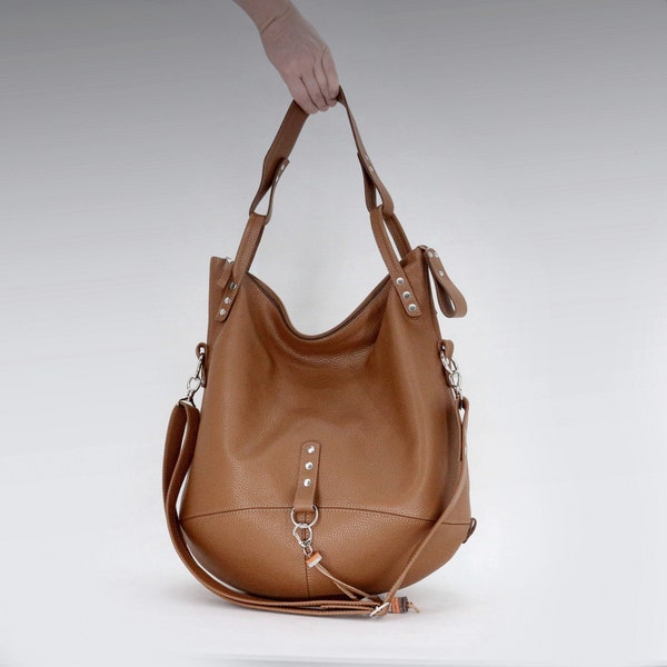 Leather hobo bag, large leather women handbag, soft crossbody purse with detachable strap and outside pocket