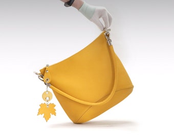 Yellow leather bag, women's slouchy hobo bag, top zip purse with adjustable shoulder strap and round handle.