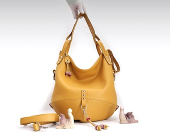 Yellow Leather hobo bag, soft women's slouchy purse, leather handbag, shoulder bag whit two handle