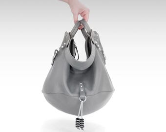 Gray Leather Hobo Bag: Convertible Slouchy Shoulder Bag, Soft Crossbody Purse