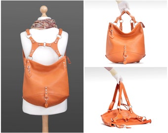 Leather hobo backpack, orange women leather hobo purse