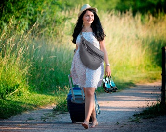 Oversized Dark Gray Leather Sling Bag: XL Fanny Pack, Crossbody Bum Bag