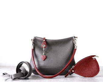 Gray Leather Hobo Bag: Two-tone Soft Pebbled  Slouchy Crossbody Purse, Dark gray & Burgundy