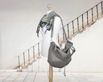 Dark Gray Leather Hobo Bag: Italian Pebbled Leather Slouchy Purse, Soft Crossbody