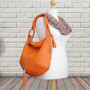 Orange Leather Hobo Bag: Women&#39;s Slouchy Shoulder Bag