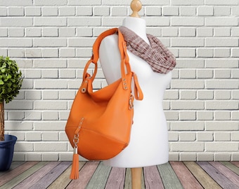 Leather hobo bag, soft orange women's slouchy purse, leather handbag, shoulder bag