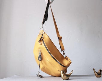 Two-Tone Leather Crossbody Sling Bag: Oversized Yellow & Gray Soft Purse
