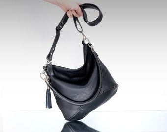Black crossbody Leather bag, women's slouchy hobo purse, leather handbag