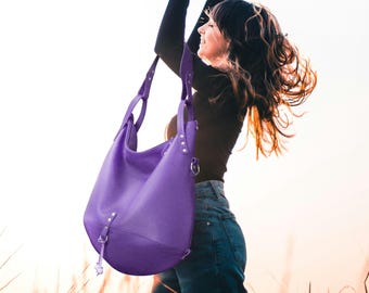 Purple Leather Hobo Bag: Women's Crossbody Slouchy Purse, Everyday & Travel Tote