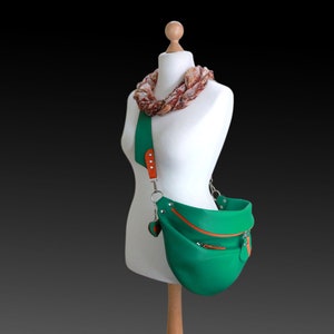 Sac à bandoulière en cuir souple, grand sac à bandoulière en cuir bicolore, très grand sac à main en cuir pour femme, sac banane vert surdimensionné