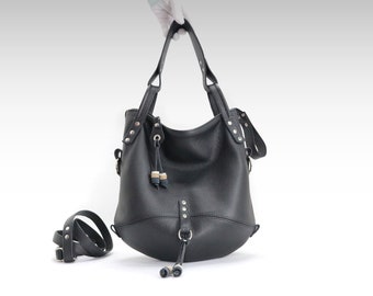 Leather slouchy hobo bag, black leather handbag, large women purse