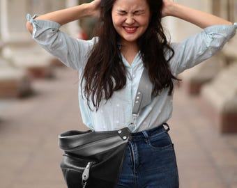 Large Leather Sling Bag: Two-Tone Crossbody Women's Purse, Black & Gray