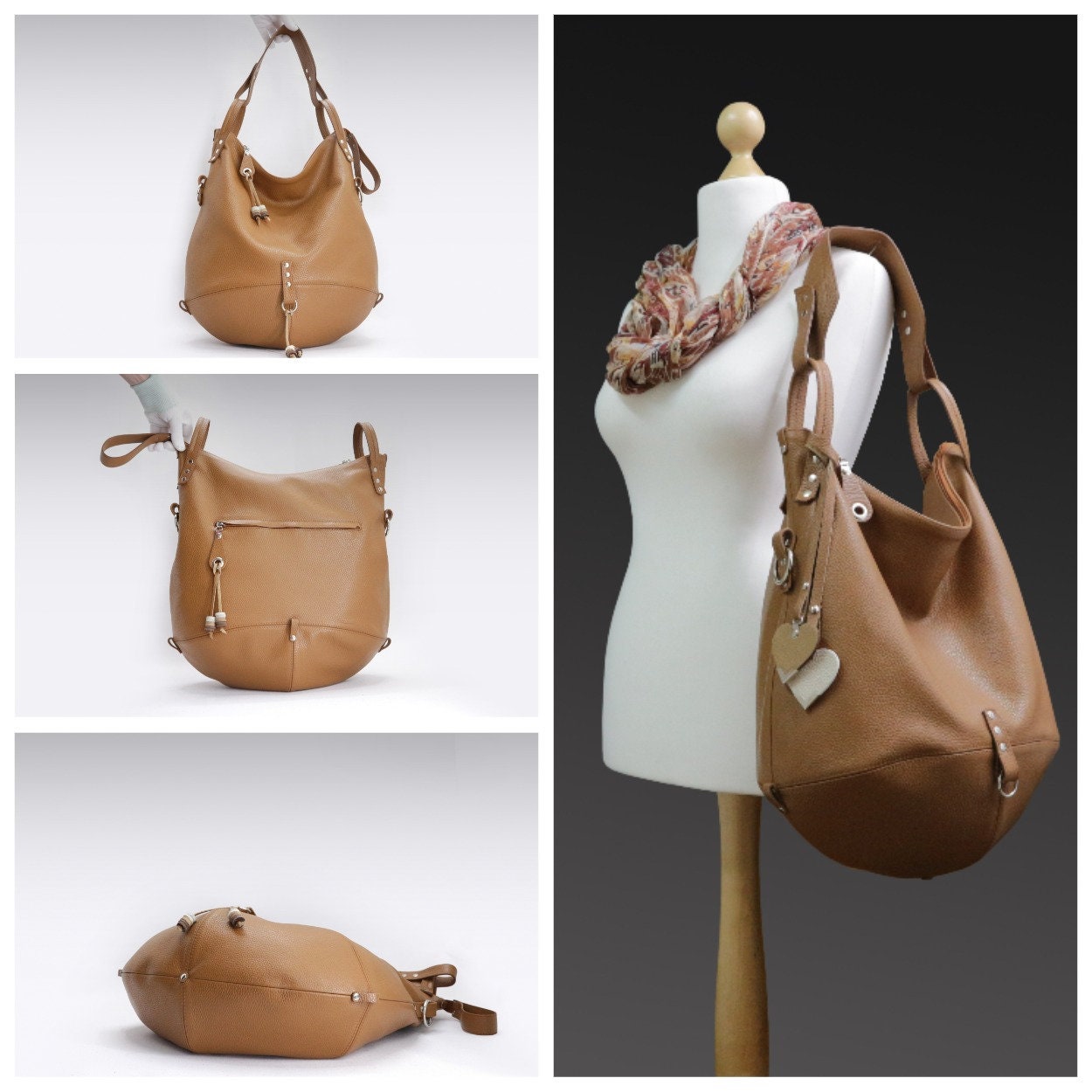 Large leather hobo bag women slouchy bag in camel color. Etsy