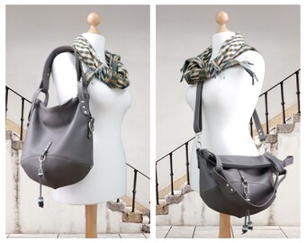 Leather bag, convertible hobo bag, soft women's slouchy hobo purse in dark gray, leather handbag, shoulder bag