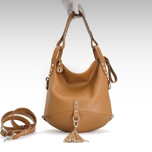 Large leather hobo bag, women's slouchy bag in caramel color.