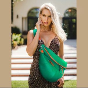 Soft leather crossbody bag, two-color large leather sling bag, extra-large women's leather purse,  oversized green bum bag