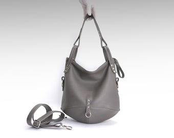 Dark Gray Leather Hobo Bag: Large Fold-Over Slouchy Shoulder Bag