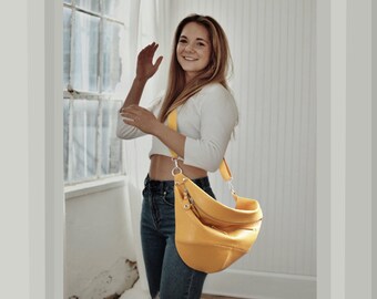 Yellow Leather Crossbody Purse: Oversized Sling Bag