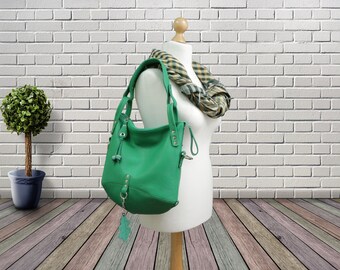 Green Leather Hobo Bag: Large Slouchy Zippered  Handbag, Foldover Purse with two Handles