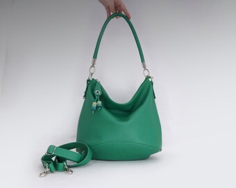 Green Leather bag, women's slouchy hobo bag with adjustable shoulder strap and a round handle