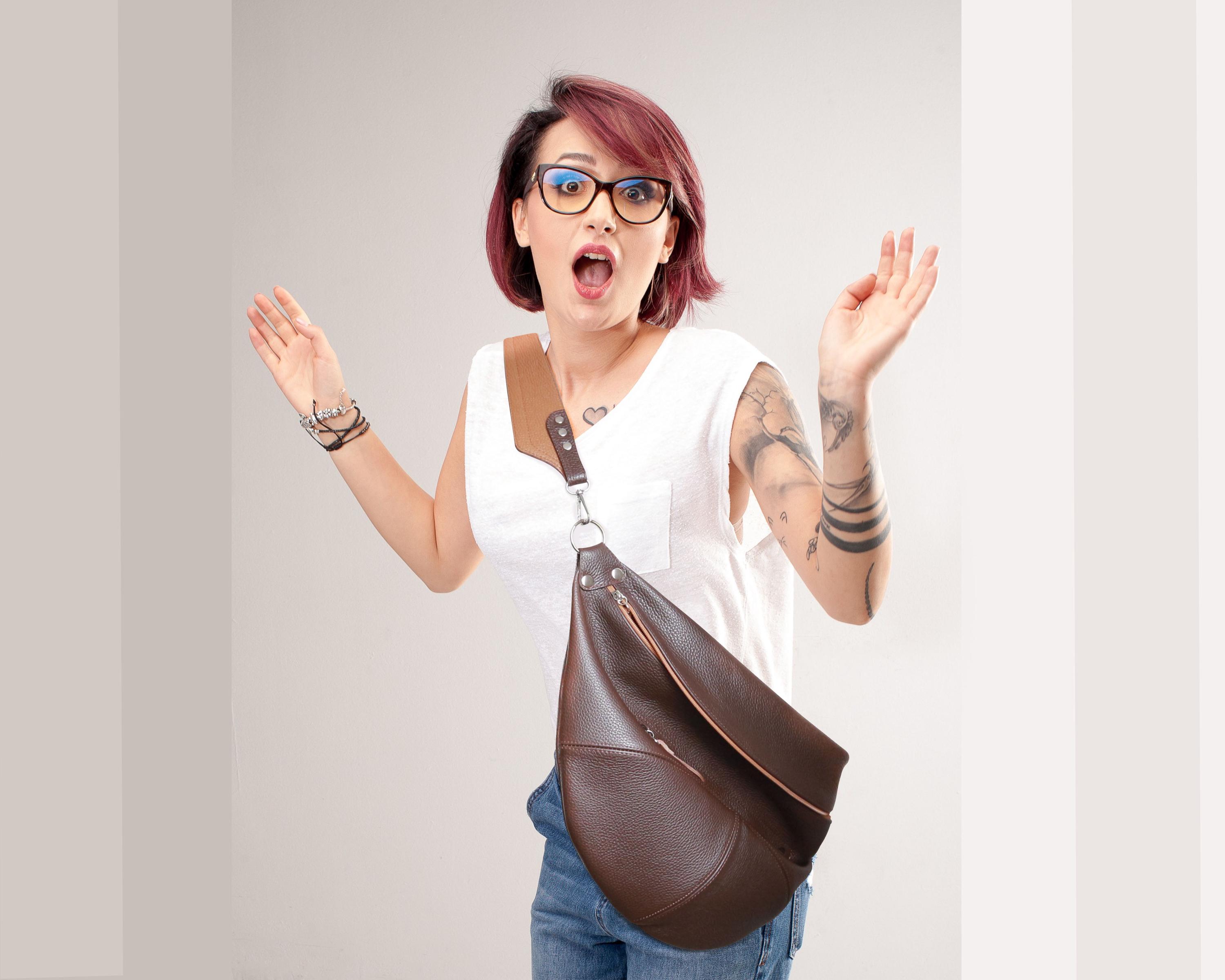 Large Leather Crossbody Sling Bag: Black and Caramel Women's Purse for Everyday & Travel
