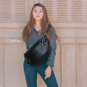 Black leather sling bag, women leather purse, soft leather fanny pack, size L bum bag