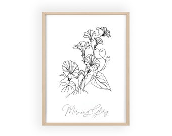 Septiembre Morning Glory Birth Flower Wall Art, Impresión de póster con marco de madera clara, Regalo para cumpleaños, Guardería personalizada del jardín de la abuela