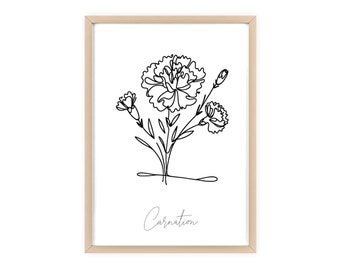 January Carnation Birth Flower Wall Art, Light Wood Frame Poster Print, Gift for Birthday, Grandmother Garden Personalized Nursery