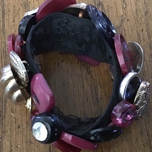 Bracelet of Hand Sewn Vintage Buttons - Potpourri of Colors - Magentas Crystals Rhinestones Black Gold Silver & Brass Tones - Wow!