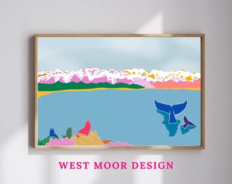 Colourful Kaikōura Art Print – New Zealand Coastal Wall Art with Seals and Whales | NZ Nature Print | Marine Wildlife Artwork