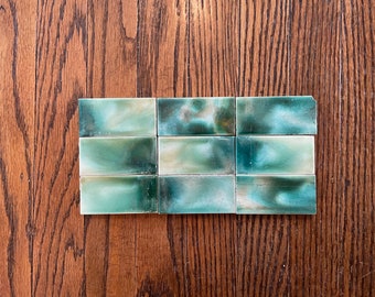 Victorian mottled green blue fireplace surround tiles, antique vintage tiles for fireplace, kitchen, bathroom. blue and green historic tiles