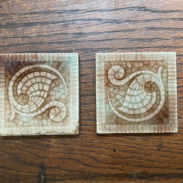 Pair of Victorian Figural Cornucopia Abstract 19th Century Fireplace Kitchen Bathroom Vintage Tile AETCo American Encaustic 3x3