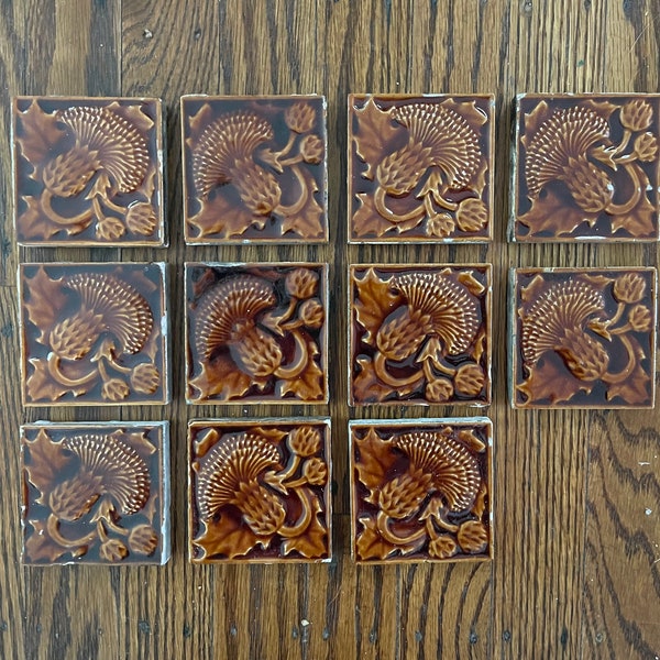 5 Gorgeous 19th Century Brown Trent Tiles, Victorian Figural Thistle Design Antique Fireplace Kitchen Bathroom Accent Tile