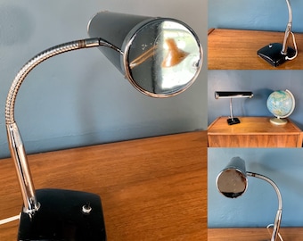 Vintage MCM Black and Chrome Desk Lamp Keystone Lamp Mfg Corp Made in USA