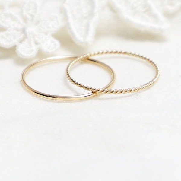 Super Thin Gold Textured Ring, Set Of 2, Smooth, Twist, Dainty Gold Rings For Women, 14K Gold Filled, Simple Boho Ring | Blessedness Rings