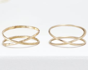 Anillo de oro macizo de 14 quilates con forma de X superfino, entrecruzado, para mujer, promesa, alianza de oro, anillo de alambre enrollado / LOVEx Rings