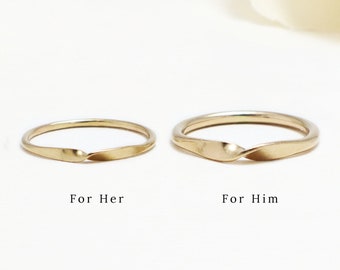 Conjunto de anillos de oro Mobius a juego para pareja, 1,3 mm, 2 mm, anillo de promesa, anillo de pareja de plata, conjunto de alianzas de boda, anillo de compromiso / anillos eternos