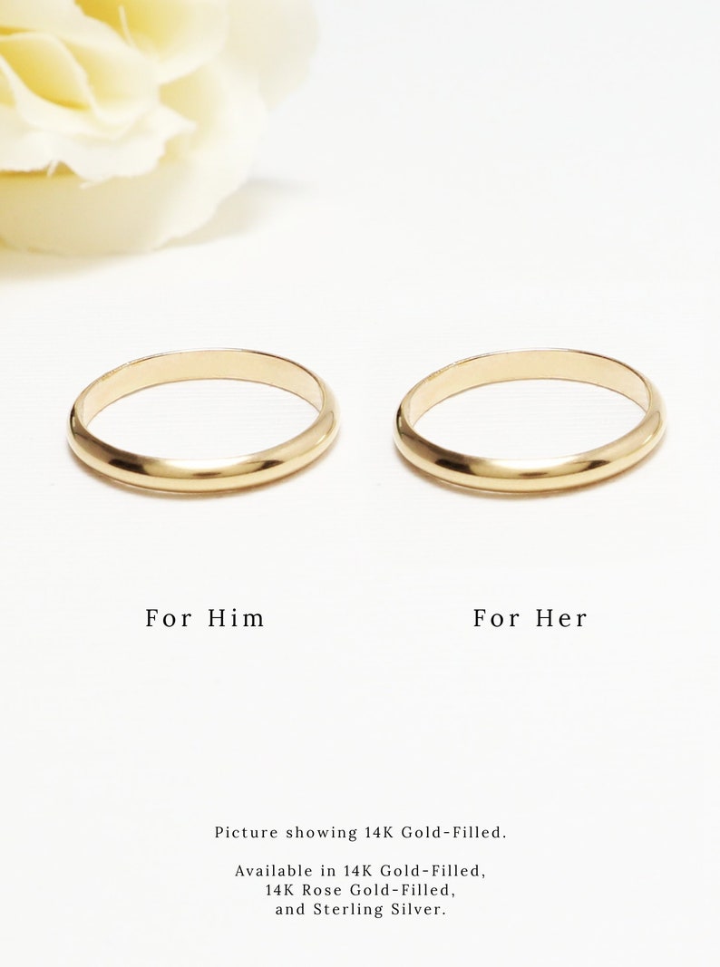 May include: Two gold-filled wedding bands, one for him and one for her. The bands are simple and classic, with a smooth, polished finish. Picture showing 14K Gold-Filled. Available in 14K Gold Filled, 14K Rose Gold-Filled, and Sterling Silver.