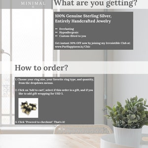 Op de afbeelding: Een afbeelding met de tekst "What are you getting?" en "How to order?" De afbeelding beschrijft de kenmerken van handgemaakte sieraden van sterling zilver. De afbeelding bevat ook instructies over hoe je de sieraden kunt bestellen.