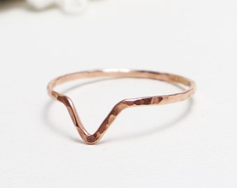 Super Thin Rose Gold Chevron Ring, V Hammered, Curved Gold Rings For Women, Pink Gold Ring, Delicate Ring, Thumb Ring Rose Gold | Moxie Ring