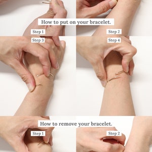 May include: How to put on and remove a thin gold bracelet. The image shows four steps for putting on the bracelet and two steps for removing it.