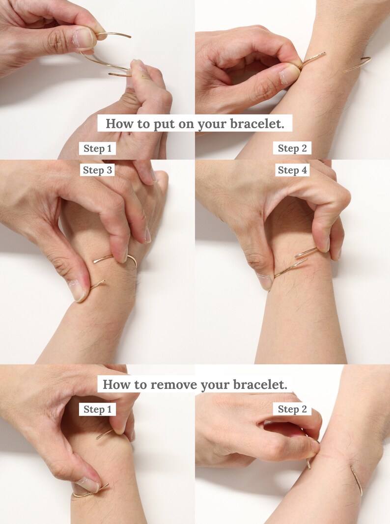 May include: How to put on and remove a thin gold bracelet. The image shows four steps for putting on the bracelet and two steps for removing it.