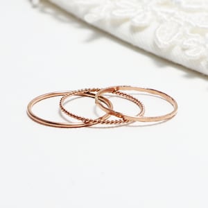 Thin Rose Gold Ring Set Of 3, Smooth, Hammered, Twist, Thumb Rings For Women, Stacking Dainty Delicate 14K Rose Gold Ring | Beatitude Rings