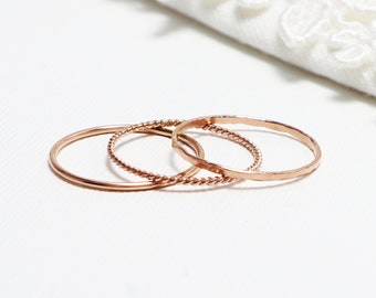 Thin Rose Gold Ring Set Of 3, Smooth, Hammered, Twist, Thumb Rings For Women, Stacking Dainty Delicate 14K Rose Gold Ring | Beatitude Rings