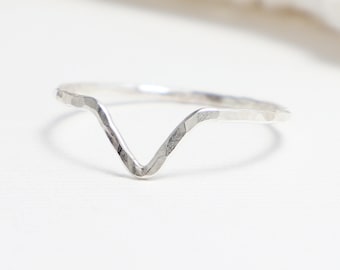 Super Thin Silver Curved Ring, Hammered Chevron V Ring, Thumb Rings For Women, Dainty Minimalist Ring, Simple Stacking Band | Moxie Ring